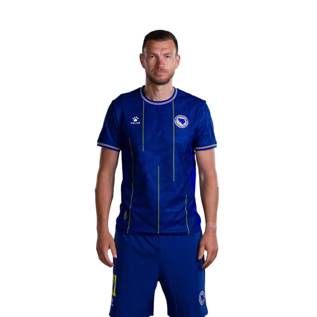 Bosnia and Herzegovina 2026 World Cup Player-Issue Match Jersey – Forwards: No. 9 Samed Baždar, No. 10 Ermedin Demirović, No. 11 Edin Džeko / Napadači br. 9 Samed Baždar, br. 10 Ermedin Demirović, br. 11 Edin Džeko.