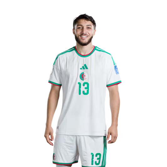 Algeria national football team 2026 World Cup jersey (player/match version) — Defenders: No. 5 Zineddine Belaid, No. 13 Jaouen Hadjam, No. 15 Rayan Aït-Nouri./المدافعون: رقم 5 زين الدين بلعيد، رقم 13 جاوين حاج، رقم 15 ريان آيت نوري