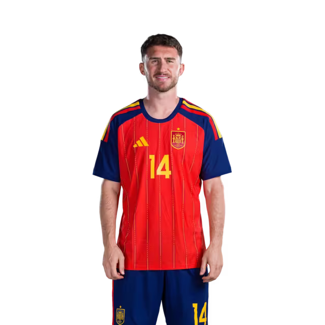 Spain National Team 2026 World Cup Jersey — Player/Match Version — Defenders: No. 5 Marcos Llorente, No. 12 Pedro Porro, No. 14 Aymeric Laporte / Defensa nº 5 Marcos LLORENTE, nº 12 Pedro PORRO, nº 14 Aymeric LAPORTE