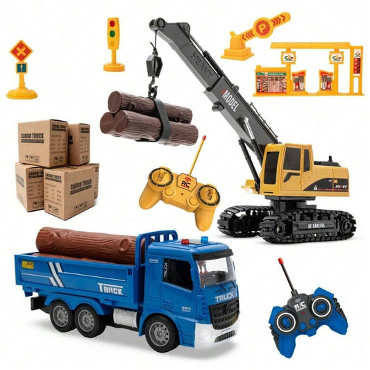 RC Crane & Timber Truck Set – 2-In-1 Remote Control Construction Vehicle Combo With Lights, Logs, And Accessories, Educational DIY Freight Game, Perfect Christmas & Holiday Gift For Kids
