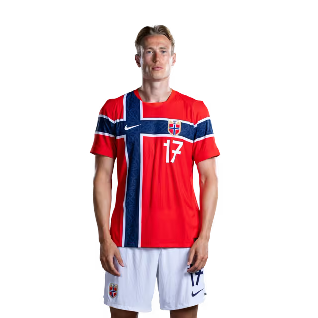 Norway National Football Team 2026 World Cup Jersey (Player Version/Match Version) — Defenders: No. 15 Fredrik Andre BJØRKAN, No. 16 Marcus HOLMGREN PEDERSEN, No. 17 Torbjørn HEGGEM / Norges landslag i fotball VM 2026-drakt