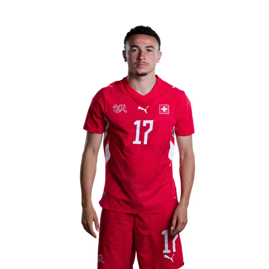 Switzerland National Team 2026 Jersey (Player Version) — Forwards: No. 17 Ruben Vargas, No. 19 Noah Okafor, No. 23 Zeki Amdouni, No. 26 Cedric Itten/ Stürmer: Nr. 17 Ruben Vargas, Nr. 19 Noah Okafor, Nr. 23 Zeki Amdouni, Nr. 26 Cedric Itten