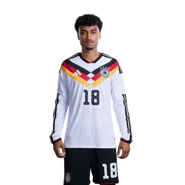 Trikot der deutschen Fußballnationalmannschaft für die Weltmeisterschaft 2026 (Spielerversion/Spielversion) — Verteidiger: Nr. 6 Joshua Kimmich, Nr. 15 Nico Schlotterbeck, Nr. 18 Nathaniel Brown