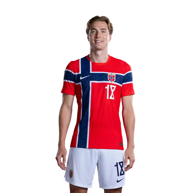 Norway National Team 2026 World Cup Jersey (Player/Match Version) — Midfielders: No. 10 Martin Ødegaard, No. 14 Fredrik Aursnes, No. 18 Kristian Thorstvedt / Midtbanespillere: nr.10 Martin ODEGAARD, nr.14 Fredrik AURSNES, nr.18 Kristian Thorstvedt
