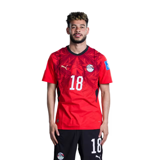 Egypt National Football Team 2026 World Cup Jersey (Player/Match Version) — Midfielders: No. 17 Mohanad Lasheen, No. 18 Nabil Donga, No. 19 Marwan Attia, No. 21 Mahmoud Saber./ رقم 17 مهند لاشين، رقم 18 نبيل دونجا، رقم 19 مروان عطية، رقم 21 محمود صابر.
