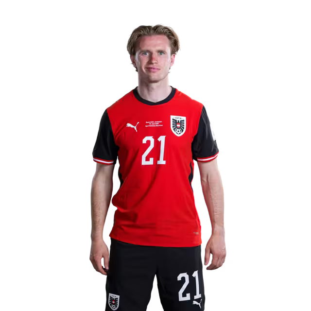 Austria National Team 2026 World Cup Jersey (Player Version/Match Issue) — Forwards: No. 7 Marko Arnautović, No. 11 Michael Gregoritsch, No. 14 Saša Kalajdžić, No. 21 Patrick Wimmer./ Österreichisches Nationalmannschaftstrikot für die WM