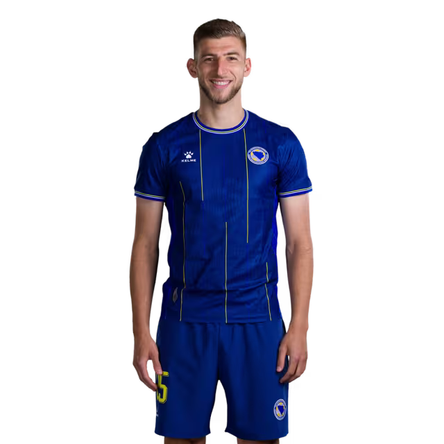 Bosnia and Herzegovina 2026 World Cup Jersey – Player Version – Forwards: No. 19 Kerim Alajbegović, No. 20 Esmir Bajraktarević, No. 23 Haris Tabaković, No. 25 Jovo Lukić / Dres Bosne i Hercegovine za Svjetsko prvenstvo