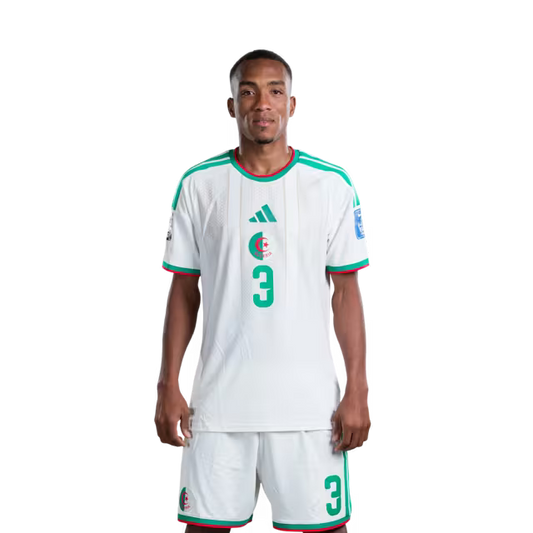 Algeria national football team 2026 World Cup jersey (player/match version) — Defenders: No. 2 Aïssa Mandi, No. 3 Achraf Abada, No. 4 Mohamed Amine Tougai./ المدافعون: رقم 2 عيسى مندي، رقم 3 أشرف عبادة، رقم 4 محمد أمين توغاي