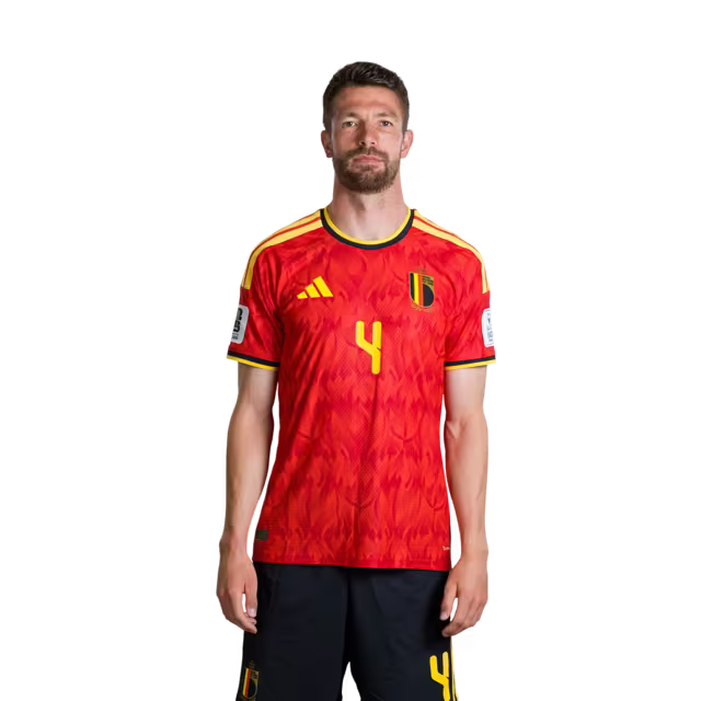 Belgium National Football Team – 2026 World Cup Jersey (Player Version/Match Version) – Defenders: No. 2 Zeno Debast, No. 3 Arthur Theate, No. 4 Brandon Mechele/ Verdedigers: nr. 2 Zeno DEBAST, nr. 3 Arthur THEATE, nr. 4 Brandon MECHELE