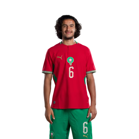 Morocco national football team 2026 World Cup jersey (player/match version) — Midfielders: No. 4 Sofyan Amrabat, No. 6 Ayoub Bouaddi, No. 7 Chamseddine Talbi./ لاعبو الوسط: رقم 4 سفيان أمرابط، رقم 6 أيوب بوعدي، رقم 7 شمس الدين الطالبي.