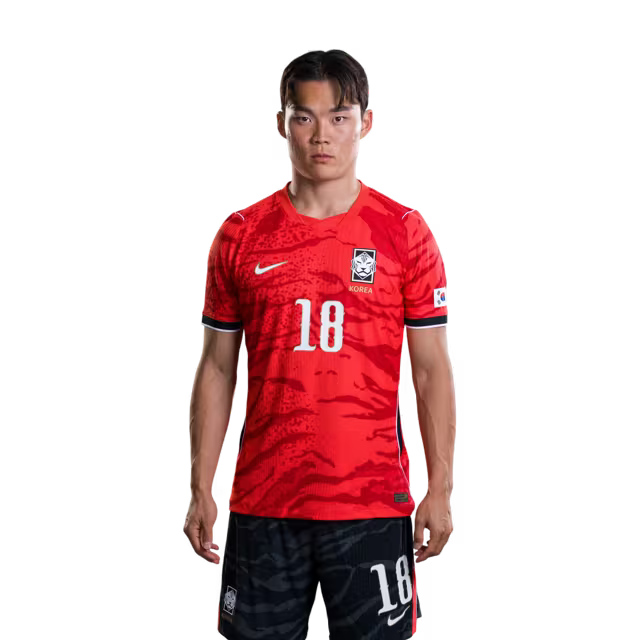 2026 월드컵 대한민국 축구 선수 유니폼 (경기용) - 공격수 손흥민 (등번호 7), 조철성 (등번호 9), 오형규 (등번호 18)