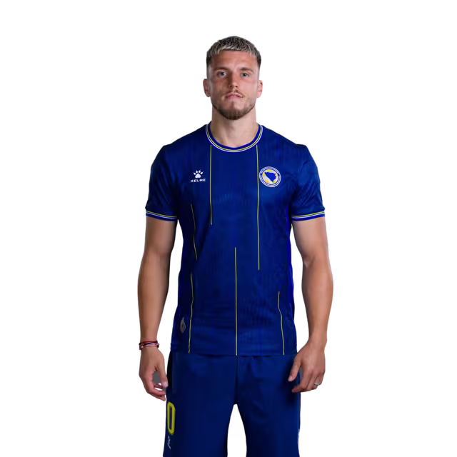 Bosnia and Herzegovina 2026 World Cup Player-Issue Match Jersey – Forwards: No. 9 Samed Baždar, No. 10 Ermedin Demirović, No. 11 Edin Džeko / Napadači br. 9 Samed Baždar, br. 10 Ermedin Demirović, br. 11 Edin Džeko.