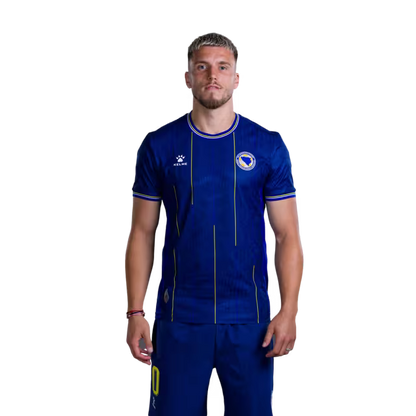 Bosnia and Herzegovina 2026 World Cup Player-Issue Match Jersey – Forwards: No. 9 Samed Baždar, No. 10 Ermedin Demirović, No. 11 Edin Džeko / Napadači br. 9 Samed Baždar, br. 10 Ermedin Demirović, br. 11 Edin Džeko.