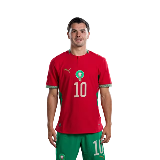 Morocco National Football Team 2026 World Cup Jersey (Player/Match Version) — Forwards: No. 9 Soufiane Rahimi, No. 10 Brahim Díaz, No. 17 Ismael Saibari./ المهاجمون: رقم 9 سفيان رحيمي، رقم 10 إبراهيم دياز، رقم 17 أمين الصيباري.