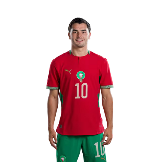 Morocco National Football Team 2026 World Cup Jersey (Player/Match Version) — Forwards: No. 9 Soufiane Rahimi, No. 10 Brahim Díaz, No. 17 Ismael Saibari./ المهاجمون: رقم 9 سفيان رحيمي، رقم 10 إبراهيم دياز، رقم 17 أمين الصيباري.