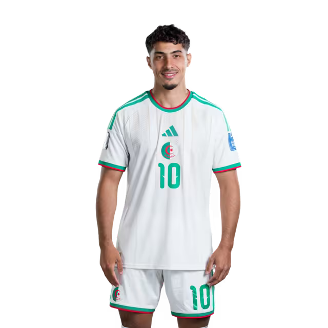 Algeria national football team 2026 World Cup jersey (player/match version) — Midfielders: No. 6 Ramiz Zerrouki, No. 8 Houssem Aouar, No. 10 Farès Chaïbi./لاعبو الوسط: رقم 6 رامز زروقي، رقم 8 حسام عوار، رقم 10 فارس شايبي
