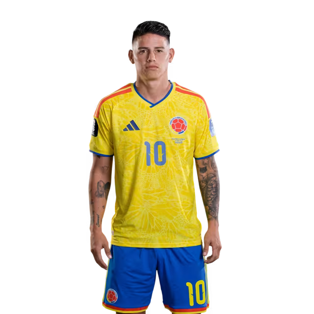 Colombia National Football Team 2026 World Cup Jersey (Player Version/Match Version) — Midfielders:No. 10 James Rodríguez, No. 11 Jhon Arias, No. 15 Juan Portilla/Centrocampistas: N.º 10 James RODRÍGUEZ, N.º 11 Jhon ARIAS, N.º 15 Juan PORTILLA