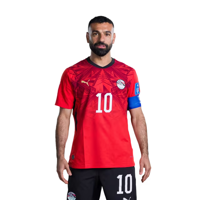 Egypt National Football Team 2026 World Cup Jersey (Player/Match Version) — Forwards: No. 7 Trezeguet, No. 9 Hamza Abdel-Karim, No. 10 Mohamed Salah./ خط الهجوم: رقم 7 تريزيجيه، رقم 9 حمزة عبد الكريم، رقم 10 محمد صلاح.