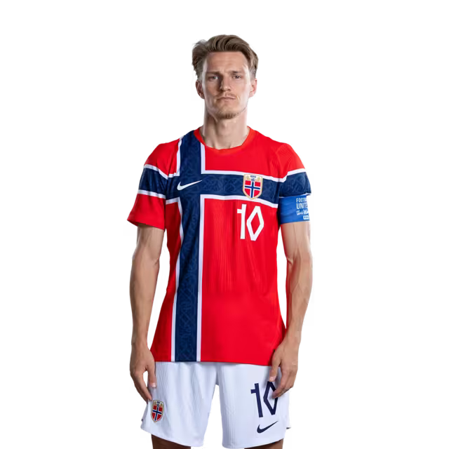 Norway National Team 2026 World Cup Jersey (Player/Match Version) — Midfielders: No. 10 Martin Ødegaard, No. 14 Fredrik Aursnes, No. 18 Kristian Thorstvedt / Midtbanespillere: nr.10 Martin ODEGAARD, nr.14 Fredrik AURSNES, nr.18 Kristian Thorstvedt