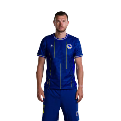 Bosnia and Herzegovina 2026 World Cup Player-Issue Match Jersey – Forwards: No. 9 Samed Baždar, No. 10 Ermedin Demirović, No. 11 Edin Džeko / Napadači br. 9 Samed Baždar, br. 10 Ermedin Demirović, br. 11 Edin Džeko.