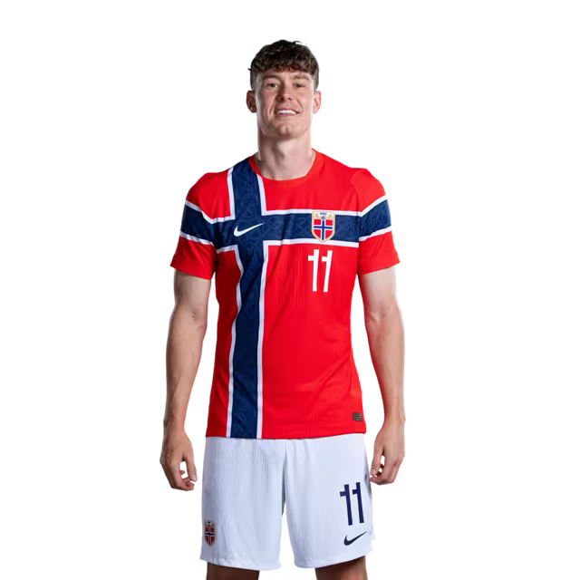 Norway National Football Team 2026 World Cup Jersey (Player Version/Match Version) — Forwards: No. 7 Alexander Sørloth, No. 9 Erling Haaland, No. 11 Jørgen Strand Larsen / Spisser: Nr. 7 Alexander SØRLOTH, nr. 9 Erling HAALAND, nr. 11 Jørgen STRAND LARSEN