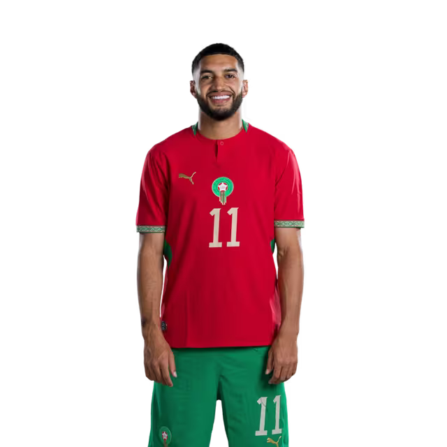 Morocco national football team 2026 World Cup jersey (player/match version) — Midfielders: No. 8 Azzedine Ounahi, No. 11 Ismael Saibari, No. 15 Samir El Mourabet./ لاعبو خط الوسط: رقم 8 عز الدين أوناحي، رقم 11 إسماعيل صيباري، رقم 15 سمير المرابط.