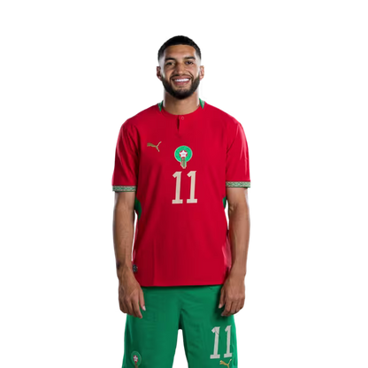 Morocco national football team 2026 World Cup jersey (player/match version) — Midfielders: No. 8 Azzedine Ounahi, No. 11 Ismael Saibari, No. 15 Samir El Mourabet./ لاعبو خط الوسط: رقم 8 عز الدين أوناحي، رقم 11 إسماعيل صيباري، رقم 15 سمير المرابط.