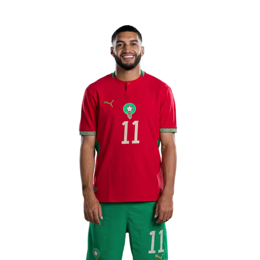 Morocco national football team 2026 World Cup jersey (player/match version) — Midfielders: No. 8 Azzedine Ounahi, No. 11 Ismael Saibari, No. 15 Samir El Mourabet./ لاعبو خط الوسط: رقم 8 عز الدين أوناحي، رقم 11 إسماعيل صيباري، رقم 15 سمير المرابط.