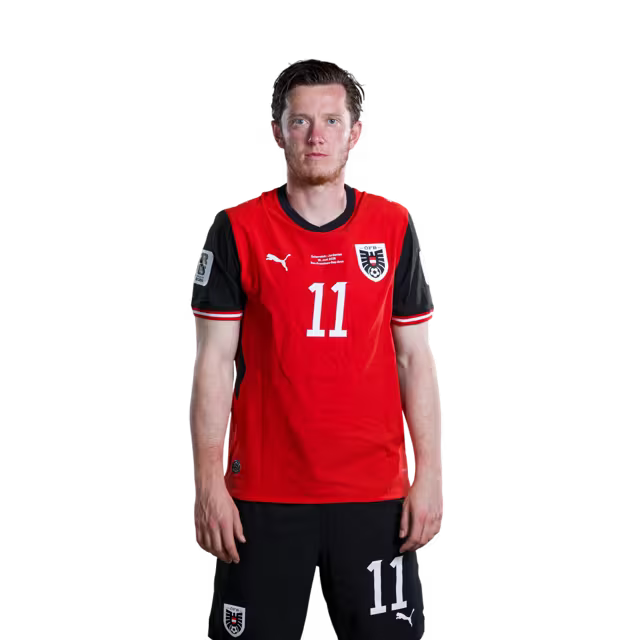 Austria National Team 2026 World Cup Jersey (Player Version/Match Issue) — Forwards: No. 7 Marko Arnautović, No. 11 Michael Gregoritsch, No. 14 Saša Kalajdžić, No. 21 Patrick Wimmer./ Österreichisches Nationalmannschaftstrikot für die WM