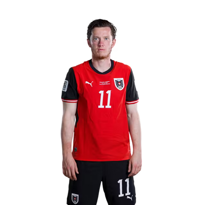 Austria National Team 2026 World Cup Jersey (Player Version/Match Issue) — Forwards: No. 7 Marko Arnautović, No. 11 Michael Gregoritsch, No. 14 Saša Kalajdžić, No. 21 Patrick Wimmer./ Österreichisches Nationalmannschaftstrikot für die WM