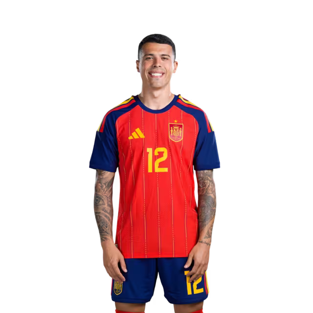 Spain National Team 2026 World Cup Jersey — Player/Match Version — Defenders: No. 5 Marcos Llorente, No. 12 Pedro Porro, No. 14 Aymeric Laporte / Defensa nº 5 Marcos LLORENTE, nº 12 Pedro PORRO, nº 14 Aymeric LAPORTE