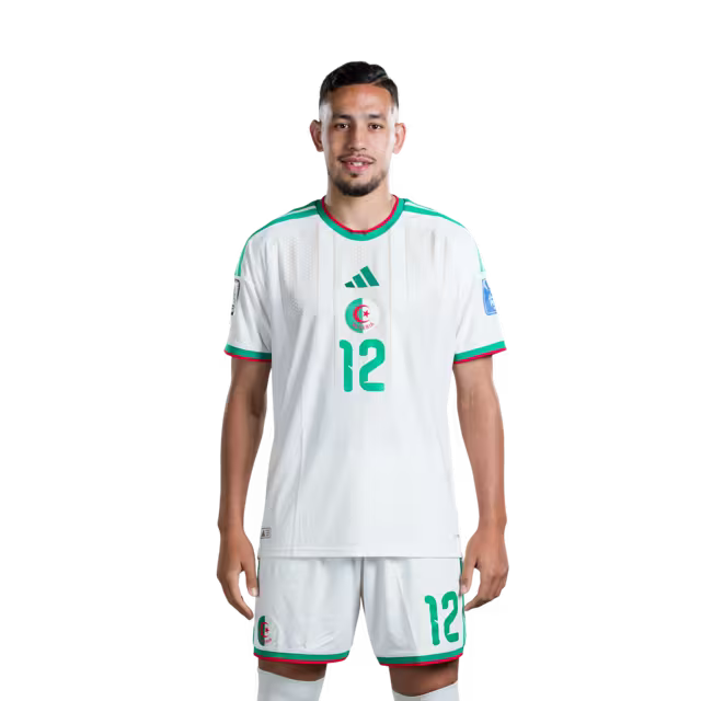 Algeria national football team 2026 World Cup jersey (player/match version) — Forwards: No. 12 Nadir Benbouali, No. 18 Mohamed Amoura, No. 20 Adel Boulbina, No. 25 Fares Ghedjemis./قميص المنتخب الجزائري لكرة القدم لكأس العالم 2026