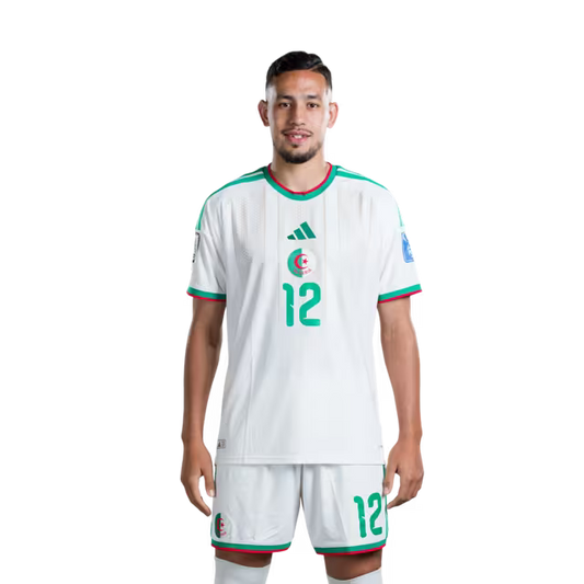 Algeria national football team 2026 World Cup jersey (player/match version) — Forwards: No. 12 Nadir Benbouali, No. 18 Mohamed Amoura, No. 20 Adel Boulbina, No. 25 Fares Ghedjemis./قميص المنتخب الجزائري لكرة القدم لكأس العالم 2026