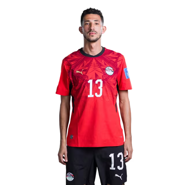 Egypt National Football Team 2026 World Cup Jersey (Player/Match Version) — Defenders: No. 5 Rami Rabia, No. 6 Mohamed Abdelmonem, No. 13 Ahmed Fatouh./ المدافعون: رقم 5 رامي ربيعة، رقم 6 محمد عبد المنعم، رقم 13 أحمد فتوح.
