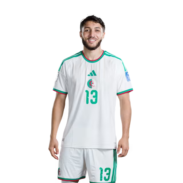 Algeria national football team 2026 World Cup jersey (player/match version) — Defenders: No. 5 Zineddine Belaid, No. 13 Jaouen Hadjam, No. 15 Rayan Aït-Nouri./المدافعون: رقم 5 زين الدين بلعيد، رقم 13 جاوين حاج، رقم 15 ريان آيت نوري
