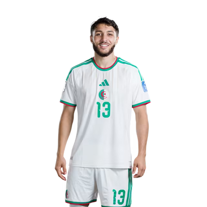 Algeria national football team 2026 World Cup jersey (player/match version) — Defenders: No. 5 Zineddine Belaid, No. 13 Jaouen Hadjam, No. 15 Rayan Aït-Nouri./المدافعون: رقم 5 زين الدين بلعيد، رقم 13 جاوين حاج، رقم 15 ريان آيت نوري