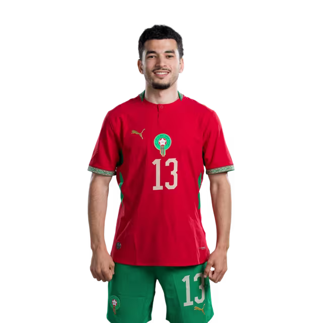 Morocco national football team 2026 World Cup jersey (Player/Match version) — Defenders: No. 13 Zakaria El Ouahdi, No. 14 Issa Diop, No. 18 Chadi Riad./ المدافعون: رقم 13 زكريا الواحدي، رقم 14 عيسى ديوب، رقم 18 شادي رياض.