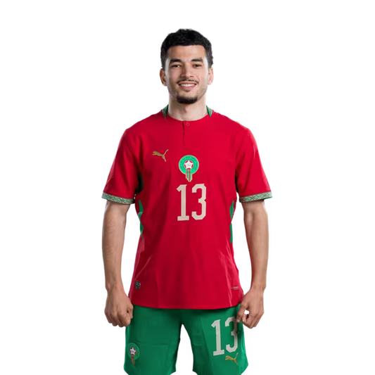 Morocco national football team 2026 World Cup jersey (Player/Match version) — Defenders: No. 13 Zakaria El Ouahdi, No. 14 Issa Diop, No. 18 Chadi Riad./ المدافعون: رقم 13 زكريا الواحدي، رقم 14 عيسى ديوب، رقم 18 شادي رياض.