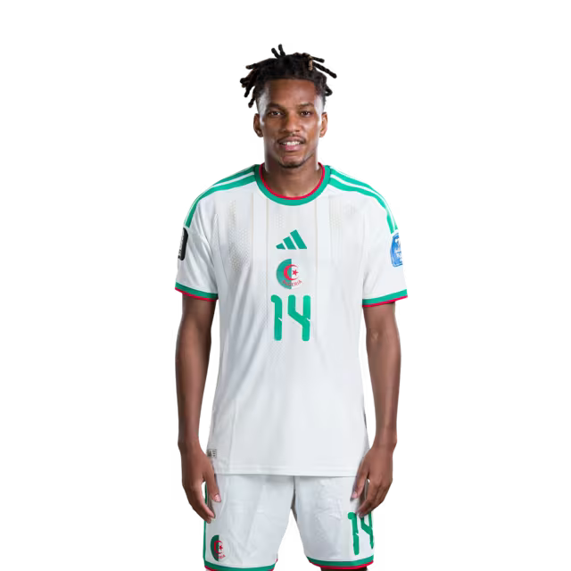 Algeria national football team 2026 World Cup jersey (player/match version) — Midfielders: No. 14 Hicham Boudaoui, No. 19 Nabil Bentaleb, No. 22 Ibrahim Maza, No. 24 Yacine Titraoui./ قميص المنتخب الجزائري لكرة القدم لكأس العالم