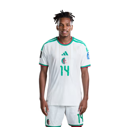 Algeria national football team 2026 World Cup jersey (player/match version) — Midfielders: No. 14 Hicham Boudaoui, No. 19 Nabil Bentaleb, No. 22 Ibrahim Maza, No. 24 Yacine Titraoui./ قميص المنتخب الجزائري لكرة القدم لكأس العالم