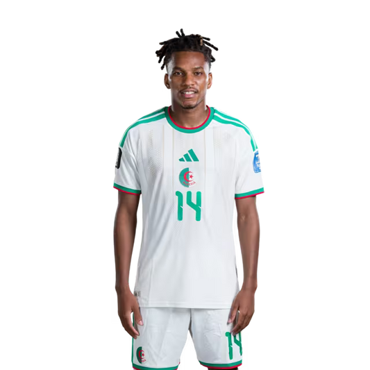 Algeria national football team 2026 World Cup jersey (player/match version) — Midfielders: No. 14 Hicham Boudaoui, No. 19 Nabil Bentaleb, No. 22 Ibrahim Maza, No. 24 Yacine Titraoui./ قميص المنتخب الجزائري لكرة القدم لكأس العالم