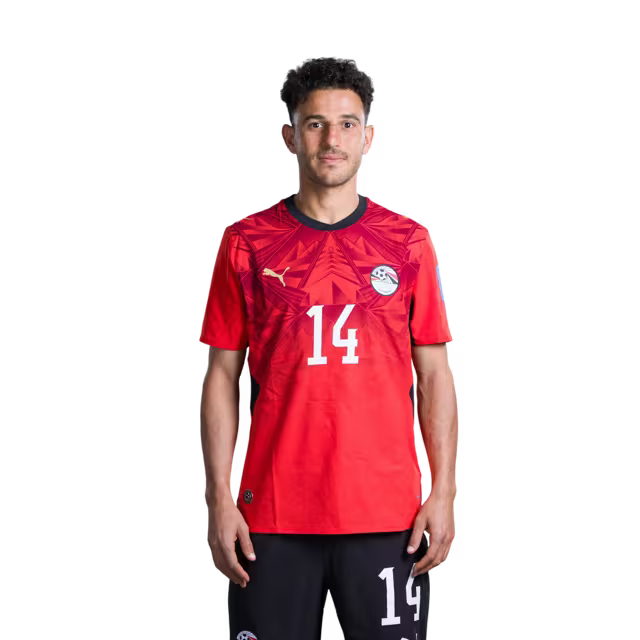 Egypt National Football Team 2026 World Cup Jersey (Player/Match Version) — Midfielders: No. 8 Emam Ashour, No. 11 Mostafa Zico, No. 14 Hamdy Fathy./ لاعبو الوسط: رقم 8 إمام عاشور، رقم 11 مصطفى زيكو، رقم 14 حمدي فتحي.