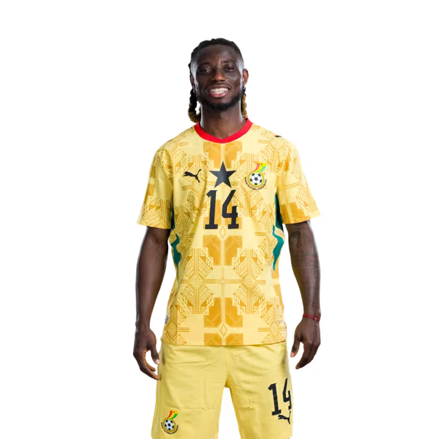 Ghana National Football Team 2026 World Cup Jersey (Player Version/Match Version) — Defenders: No.14 Gideon MENSAH, No.17 Baba RAHMAN,No.18 Jerome OPOKU