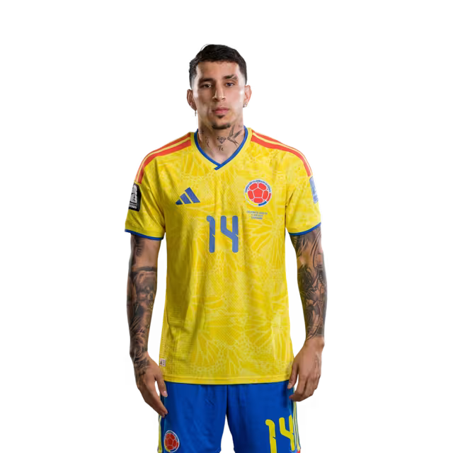 Colombia National Football Team 2026 World Cup Jersey (Player Version/Match Version) — Defenders: No. 13 Yerry Mina, No. 14 Gustavo Puerta, No. 17 Johan Mojica/Defensas: N.º 13 Yerry MINA, N.º 14 Gustavo PUERTA, N.º 17 Johan MOJICA