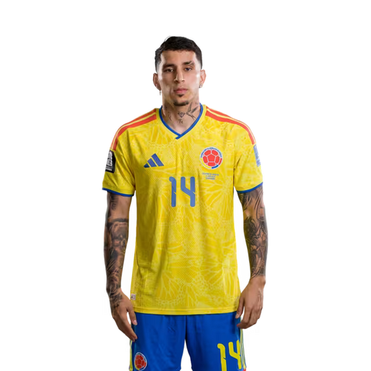 Colombia National Football Team 2026 World Cup Jersey (Player Version/Match Version) — Defenders: No. 13 Yerry Mina, No. 14 Gustavo Puerta, No. 17 Johan Mojica/Defensas: N.º 13 Yerry MINA, N.º 14 Gustavo PUERTA, N.º 17 Johan MOJICA