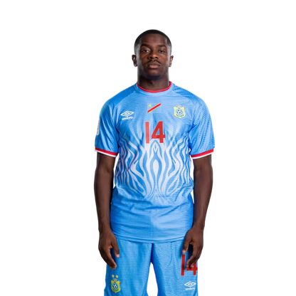 Congo DR National Football Team 2026 World Cup Jersey (Player Version/Match Version) — Midfielders: No.10 Theo BONGONDA, No.14 Noah SADIKI, No.15 Aaron TSHIBOLA / Milieux de terrain : Theo Bongonda, le n°14 Noah Sadiki et le n°15 Aaron Tshibola