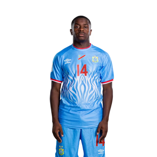 Congo DR National Football Team 2026 World Cup Jersey (Player Version/Match Version) — Midfielders: No.10 Theo BONGONDA, No.14 Noah SADIKI, No.15 Aaron TSHIBOLA / Milieux de terrain : Theo Bongonda, le n°14 Noah Sadiki et le n°15 Aaron Tshibola