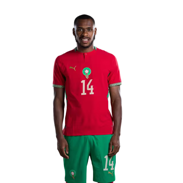 Morocco national football team 2026 World Cup jersey (Player/Match version) — Defenders: No. 13 Zakaria El Ouahdi, No. 14 Issa Diop, No. 18 Chadi Riad./ المدافعون: رقم 13 زكريا الواحدي، رقم 14 عيسى ديوب، رقم 18 شادي رياض.