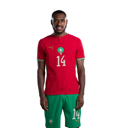 Morocco national football team 2026 World Cup jersey (Player/Match version) — Defenders: No. 13 Zakaria El Ouahdi, No. 14 Issa Diop, No. 18 Chadi Riad./ المدافعون: رقم 13 زكريا الواحدي، رقم 14 عيسى ديوب، رقم 18 شادي رياض.