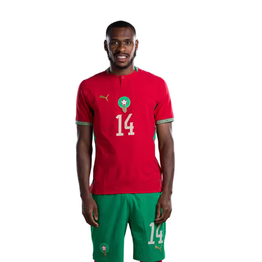 Morocco national football team 2026 World Cup jersey (Player/Match version) — Defenders: No. 13 Zakaria El Ouahdi, No. 14 Issa Diop, No. 18 Chadi Riad./ المدافعون: رقم 13 زكريا الواحدي، رقم 14 عيسى ديوب، رقم 18 شادي رياض.